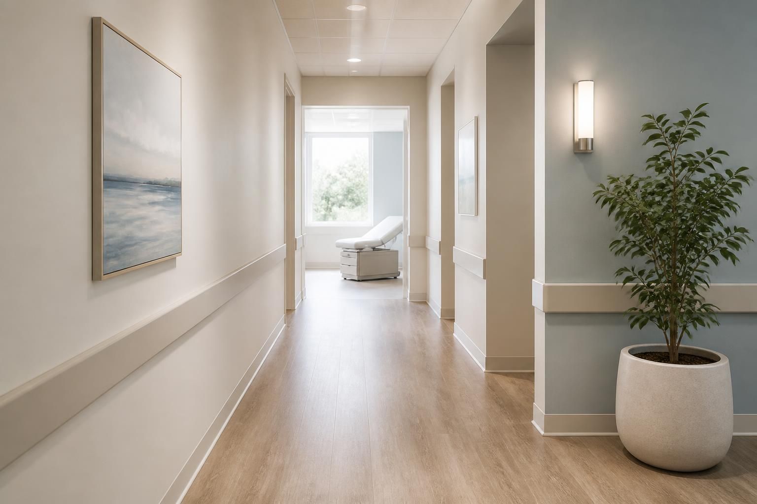 Bright clinic hallway with open space leading to exam rooms.