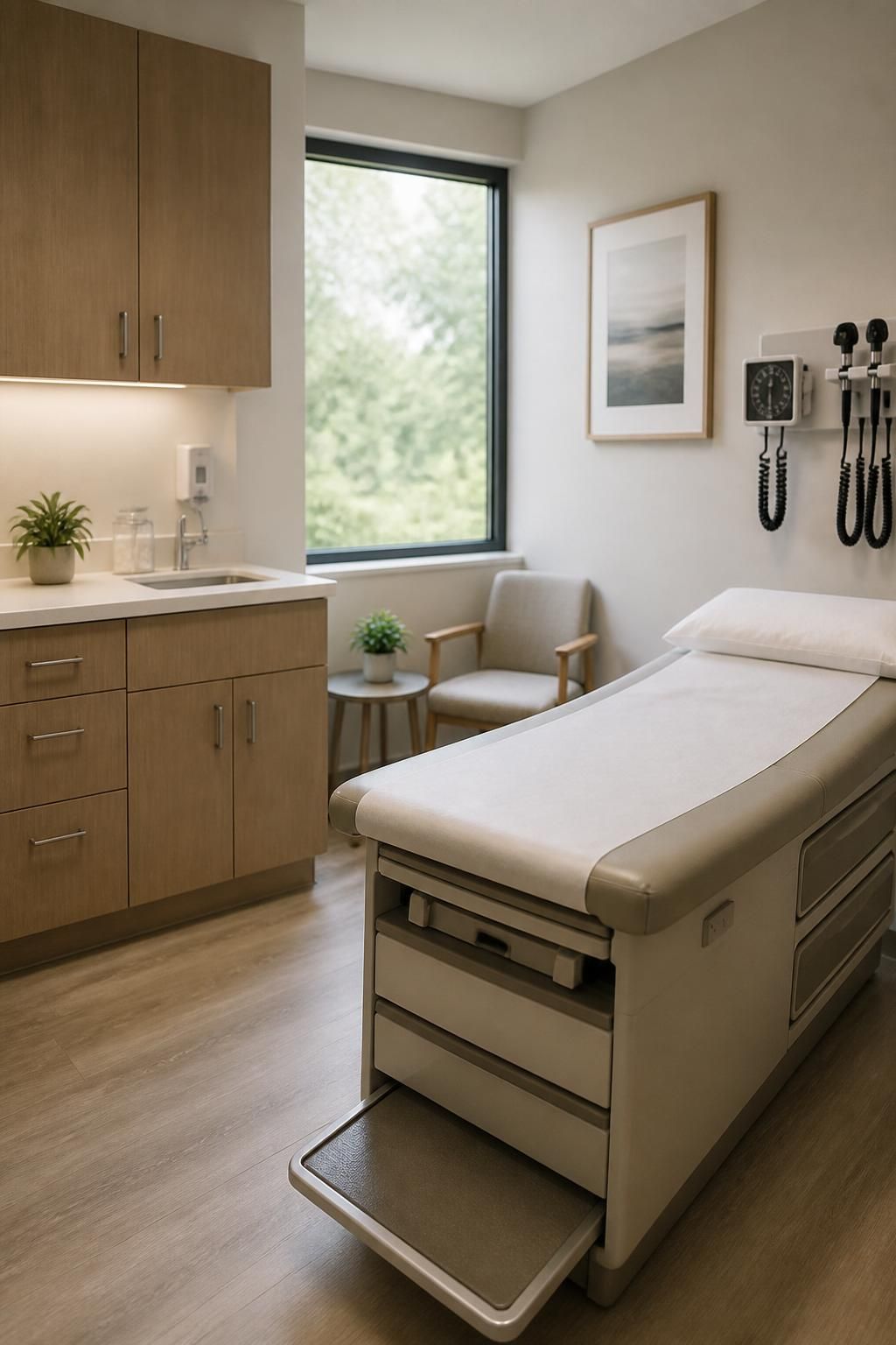Inviting examination room with clean exam table and medical cabinets.