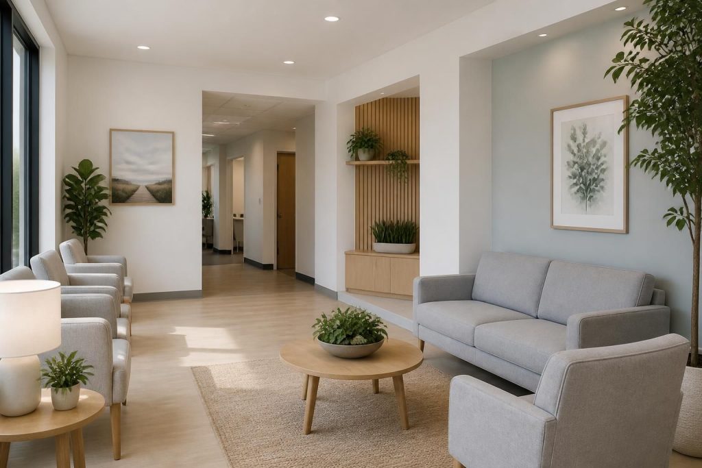 Bright modern clinic reception and waiting area with clean seating.